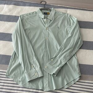 Ralph Lauren Women's Green and White Striped Button-Down Shirt